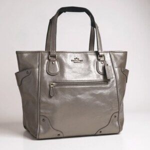 COACH AUTHENTICATED Metallic Leather Tote Shoulder Bag – Large Carryall, Silver/